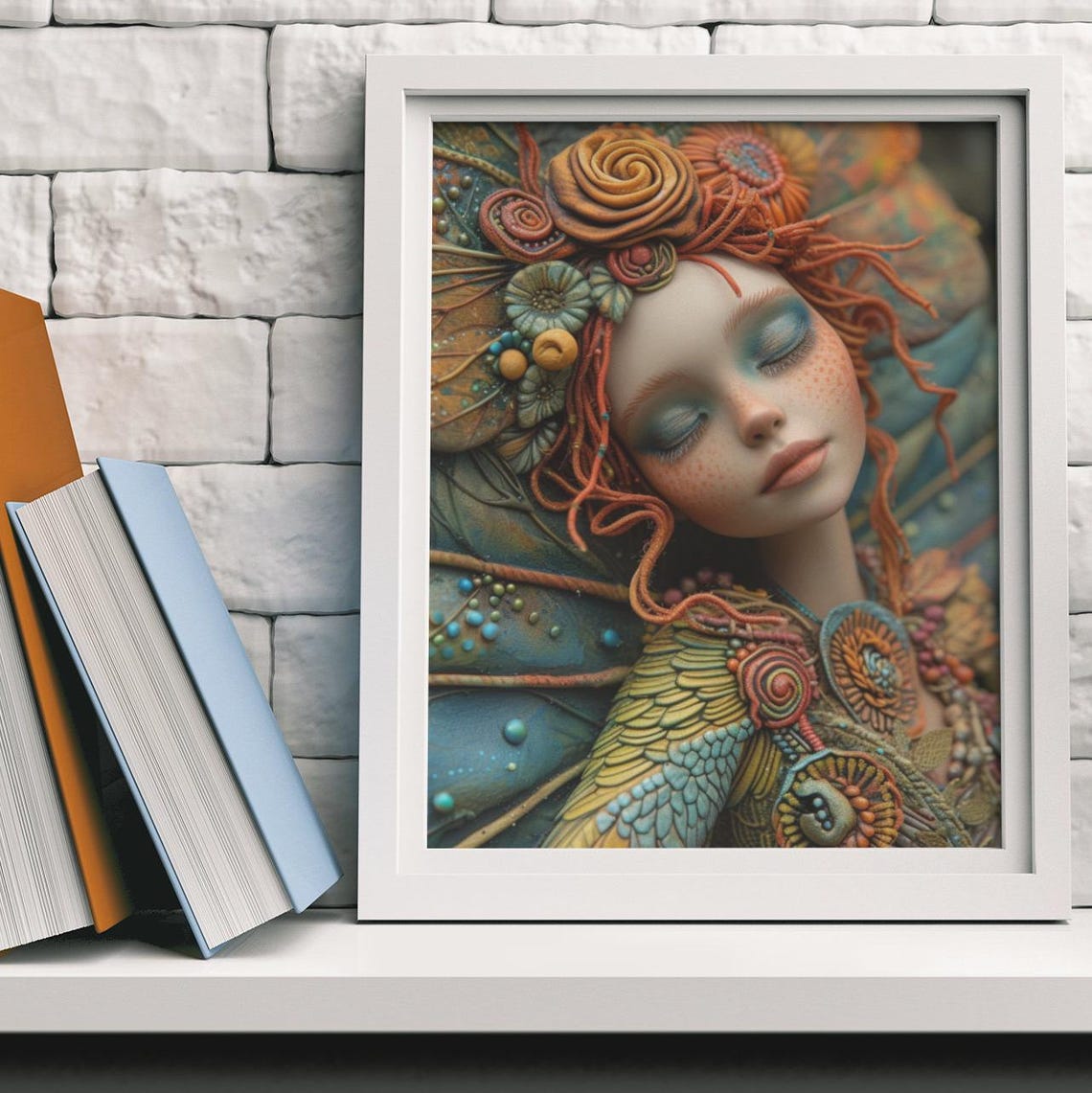 Sleeping Forest Fairy Portrait Teal Wings Flower Crown Dream Poster