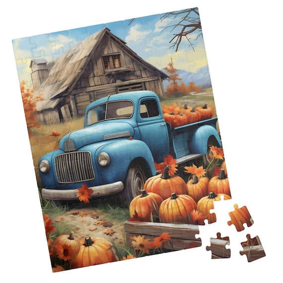Vintage Blue Pickup Truck with Pumpkins at Rustic Barn Autumn Poster