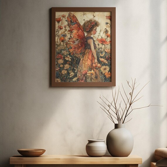 Fairy Girl with Red Butterfly Wings Among Orange Poppies Poster