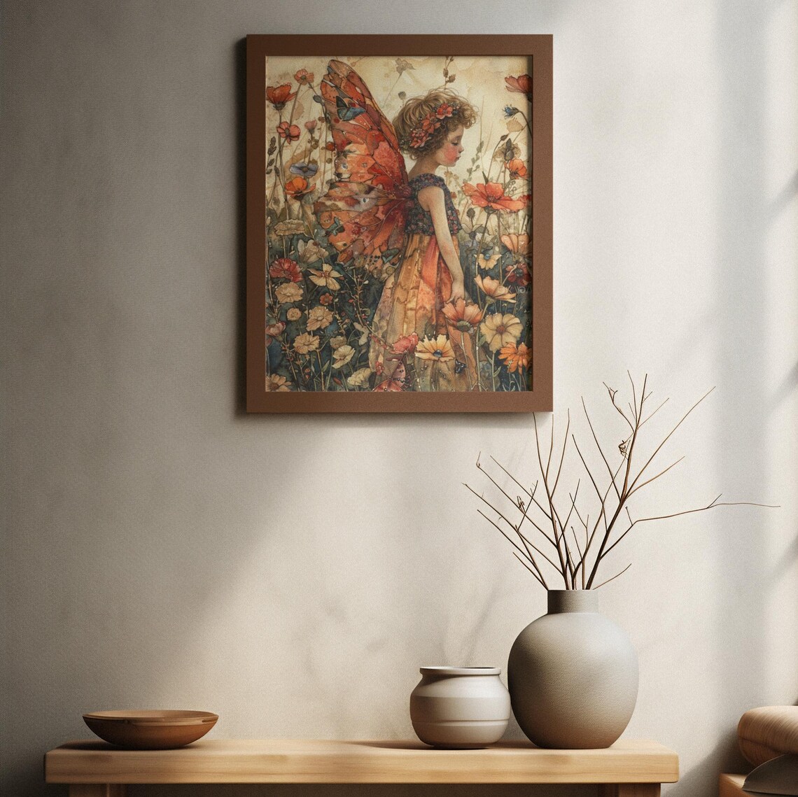 Fairy Girl with Red Butterfly Wings Among Orange Poppies Poster