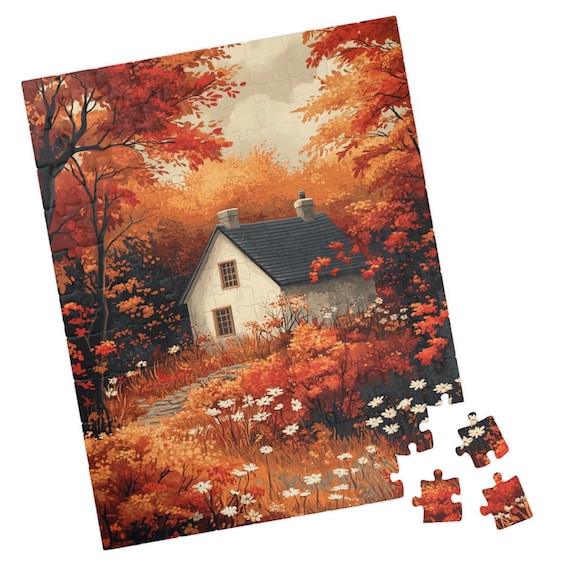 Cozy Cottage In A Fiery Autumn Forest With Wildflowers Art Print