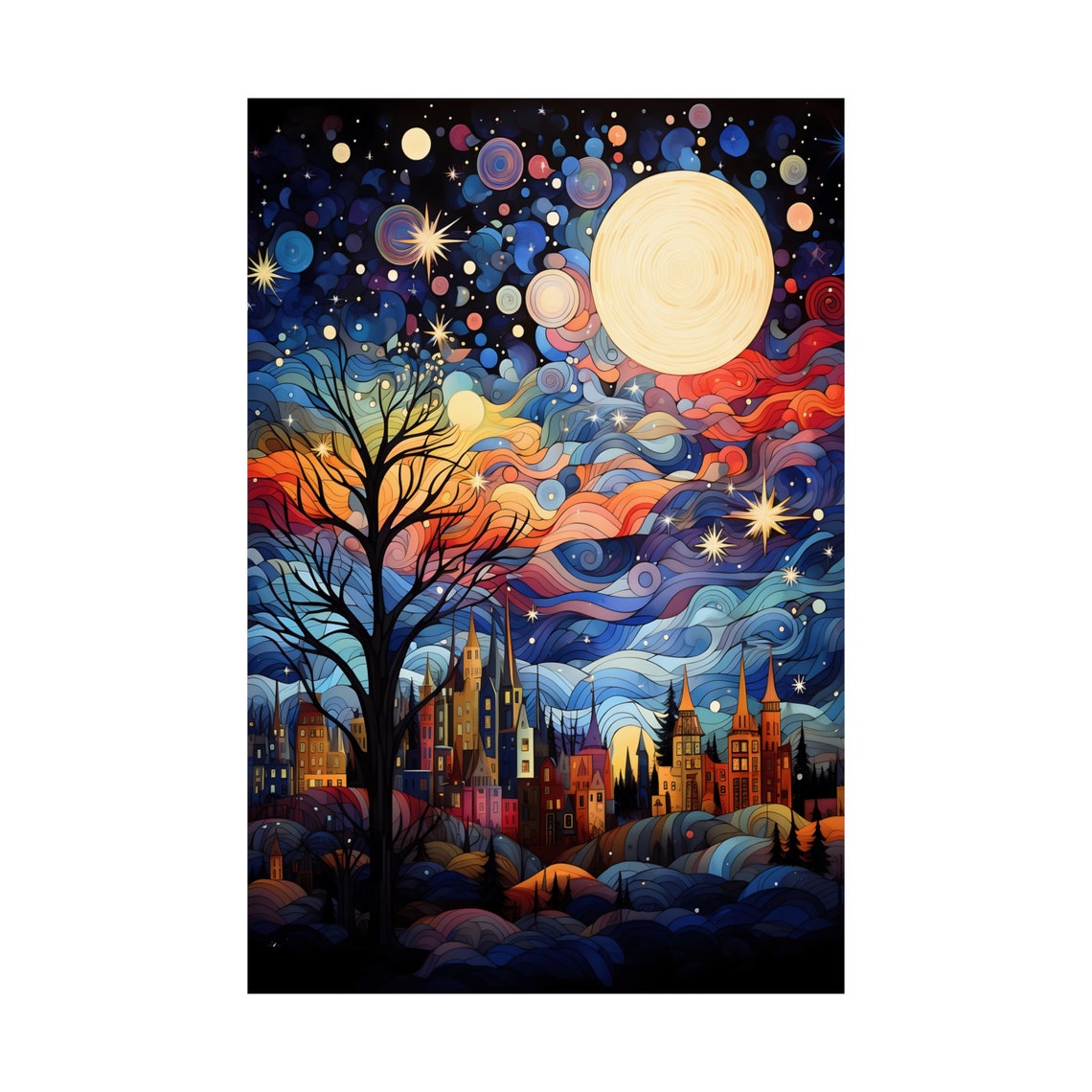 Magical Night Sky over Old Town Spires with Big Moon Art Poster - Image 3