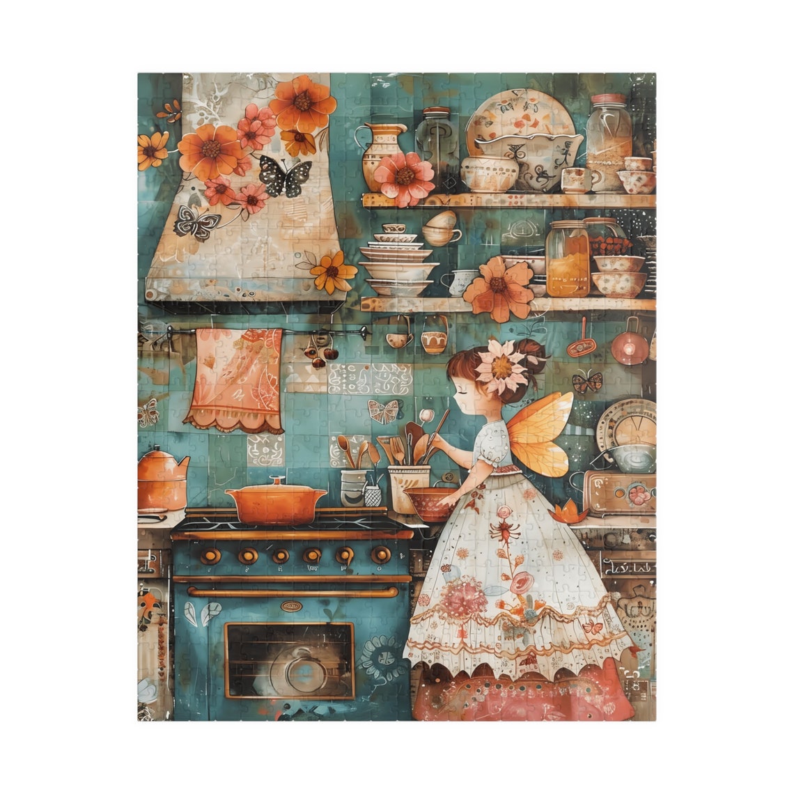 Fairy Girl in a Turquoise Vintage Kitchen with Orange Flowers Print - Image 5