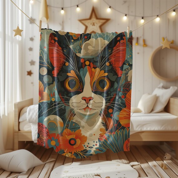 Colorful Folk Art Cat with Flowers and Foliage Watercolor Poster