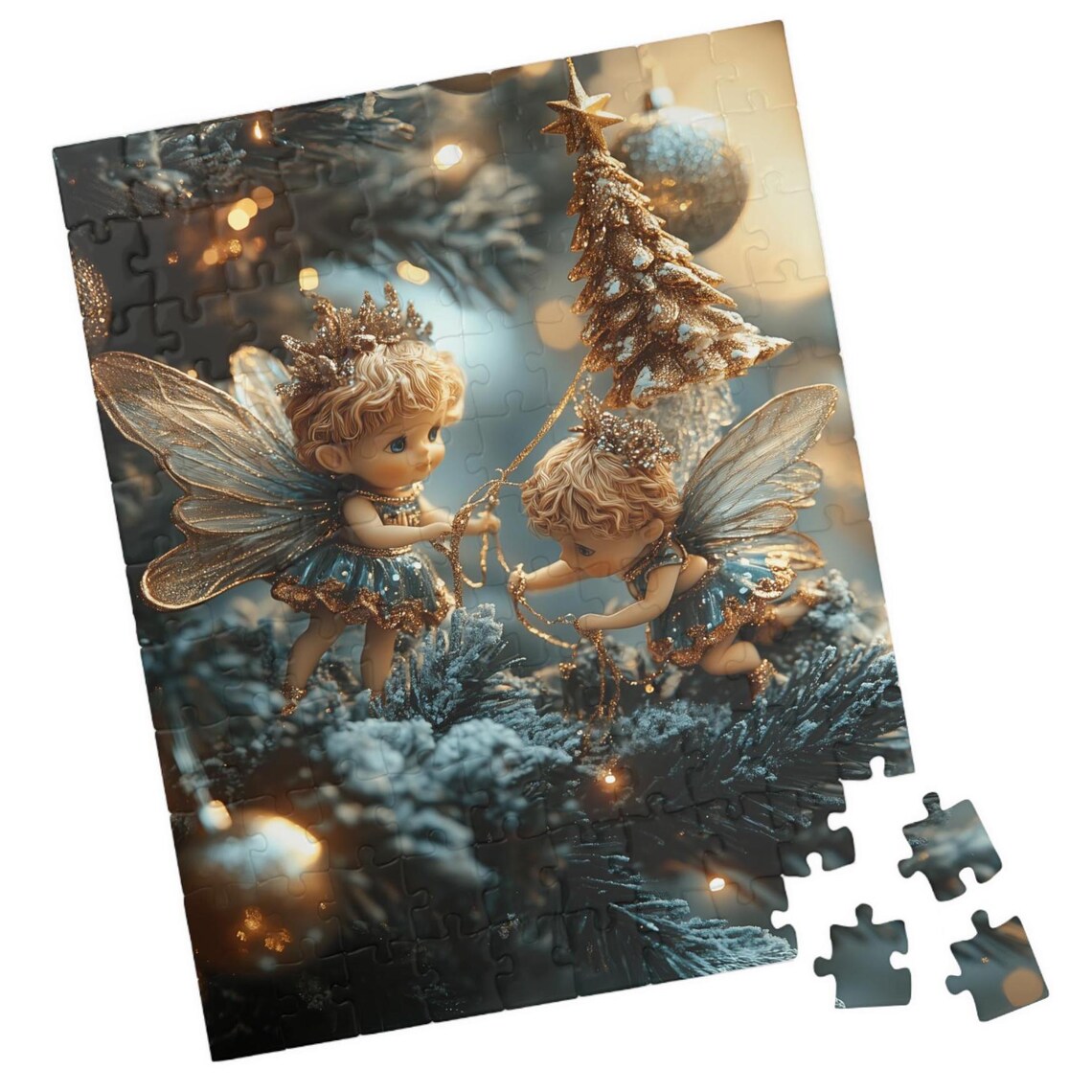 Two Golden Fairies Decorating A Christmas Tree Fantasy Art Print