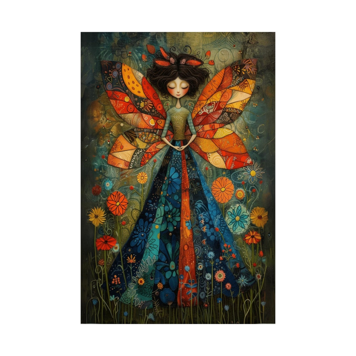 Patchwork Faerie with Orange Butterfly Wings Night Garden Art Poster - Image 4