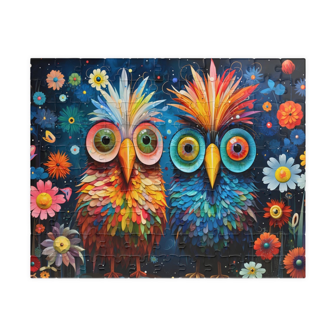 Two Whimsical Colorful Owls in a Night Flower Garden Scene Poster - Image 2