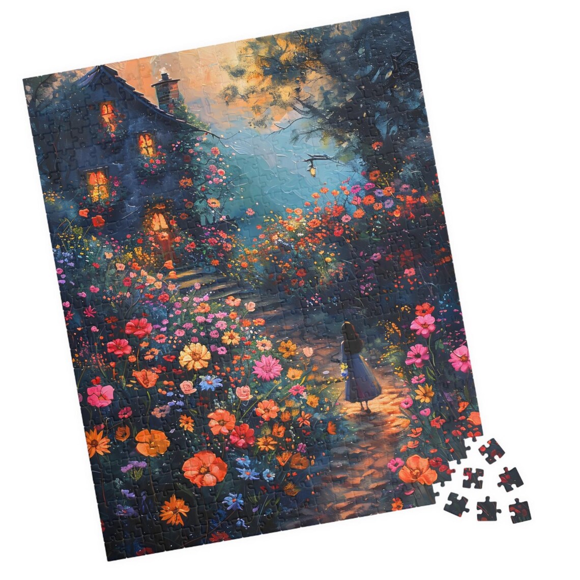 Moonlit Cottage Garden Girl Walking Among Night Bloom Flowers Poster