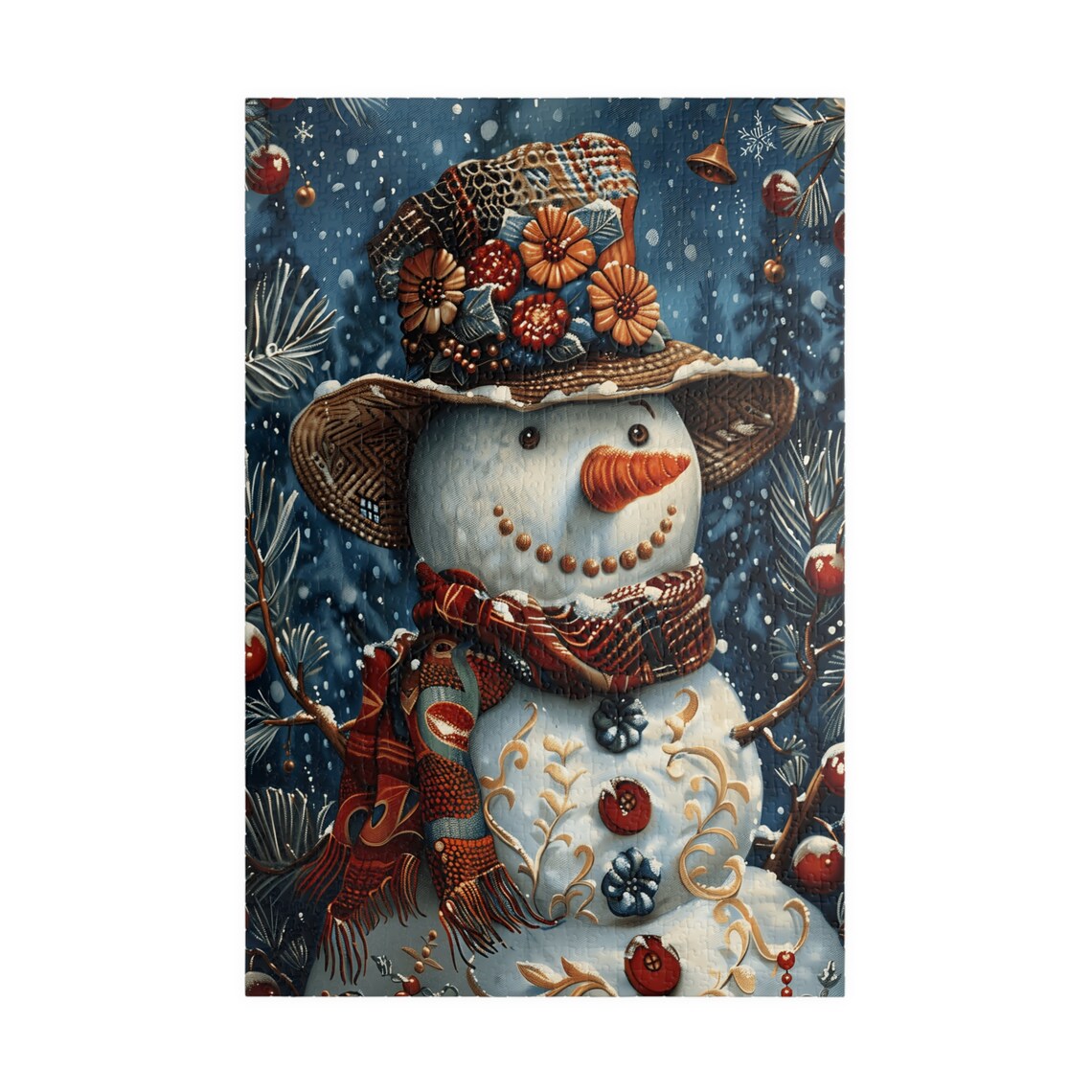 Festive Snowoman with Flower Hat and Red Scarf in Snowfall Poster - Image 3