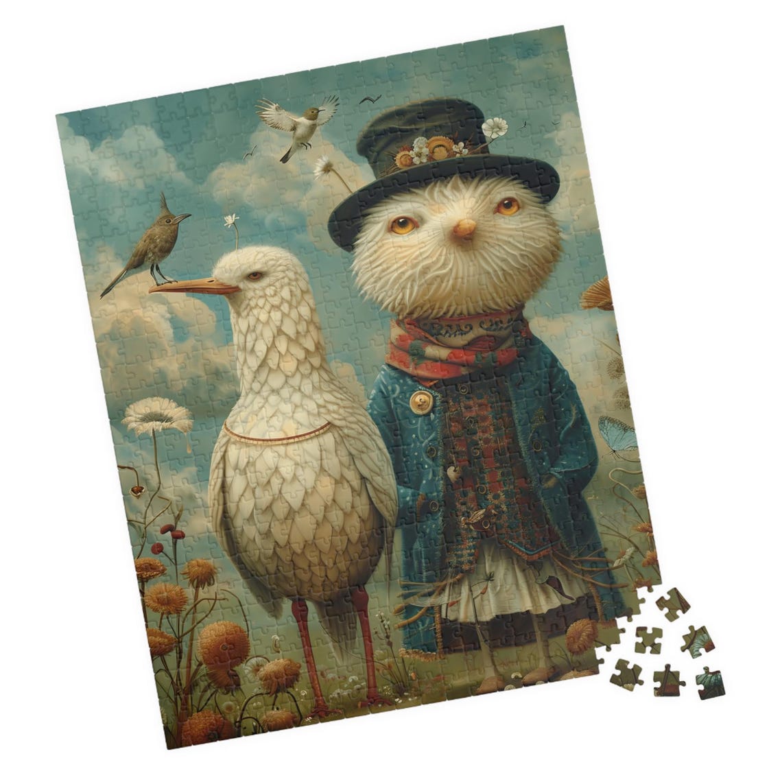Whimsical Dressed Birds Meadow Scene Charming Vintage Style Poster
