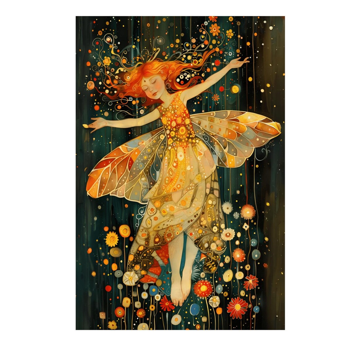 Red Haired Fairy Girl Dancing Joyfully Among Night Flowers Poster - Image 3