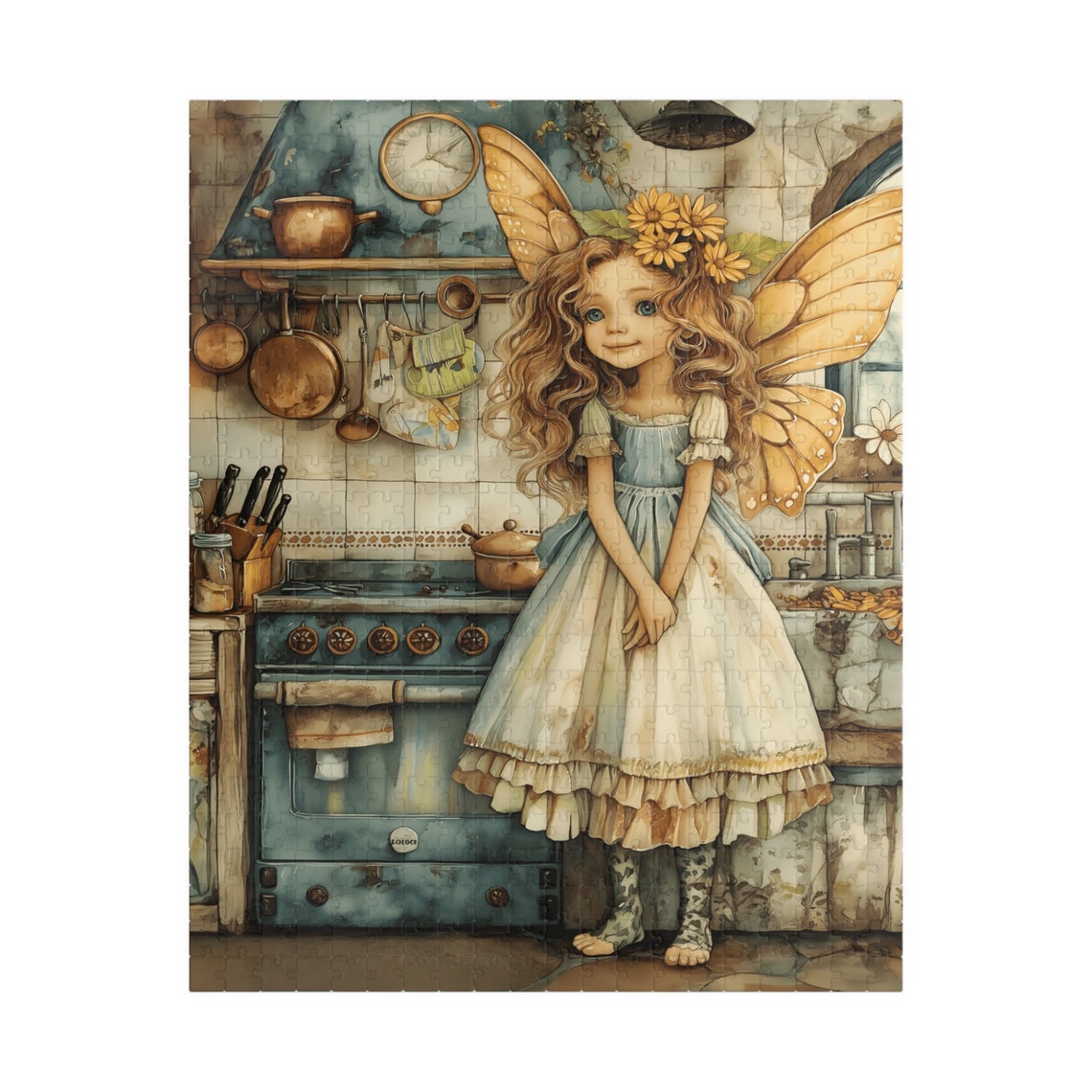 Smiling Fairy Girl with Butterfly Wings in a Rustic Kitchen Print - Image 5