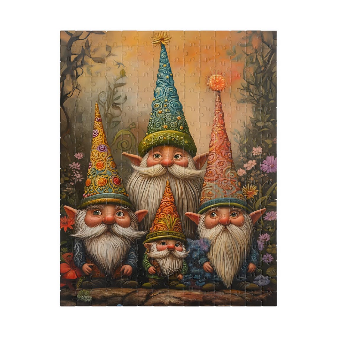 Four Gnomes Tall Patterned Hats Forest Flowers Whimsical Poster - Image 5