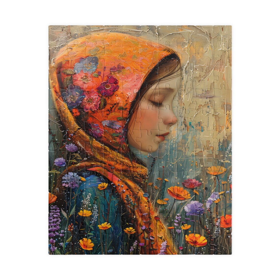 Portrait of a Girl in an Orange Floral Scarf Textured Art Poster - Image 2