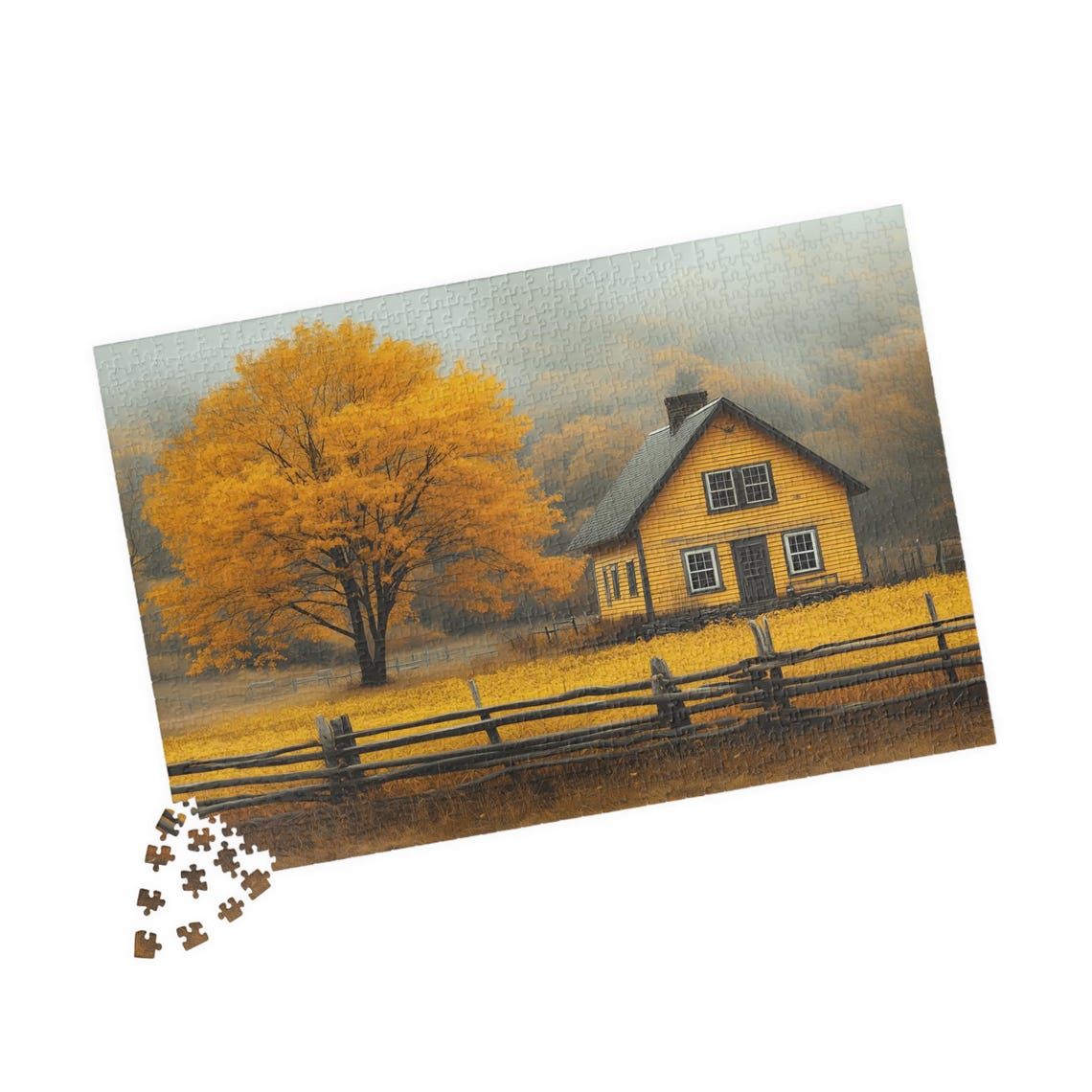Golden Yellow Country House in Fall Beside Maple Tree Autumn Poster - Image 4