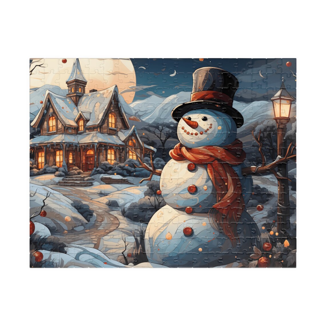 Cheerful Snowman In Top Hat By A Snowy Village House Night Print - Image 2