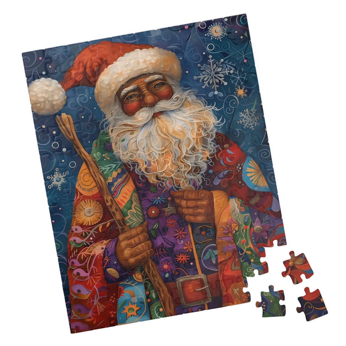 Kwanzaa Santa in a Colorful Patchwork Coat with Wooden Staff Poster