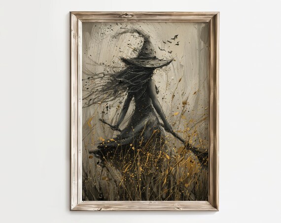 Dark Witch Walking In A Wheat Field With Broom Halloween Art Poster