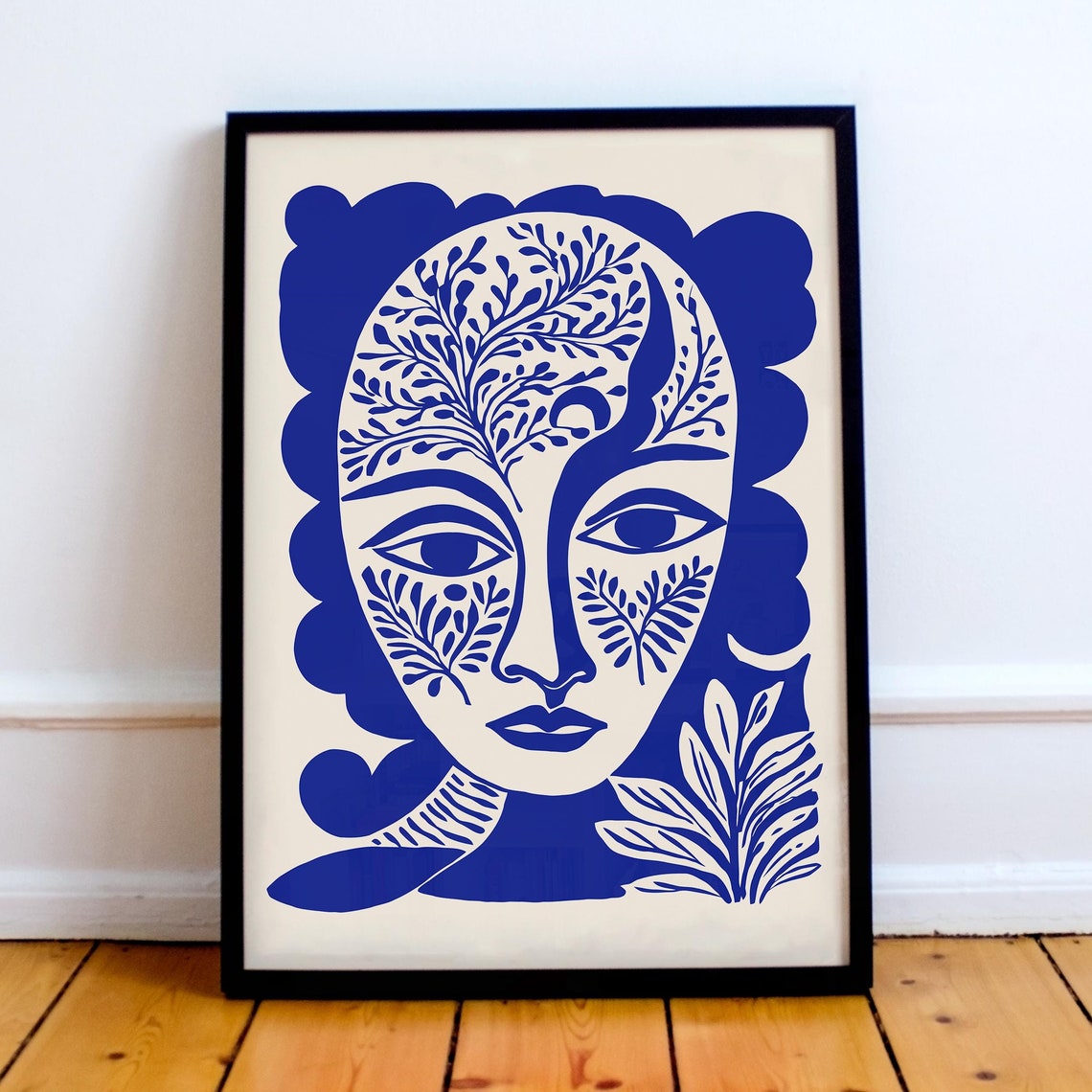Abstract Blue Woman Botanical Face Modern Portrait Gallery Art Poster
