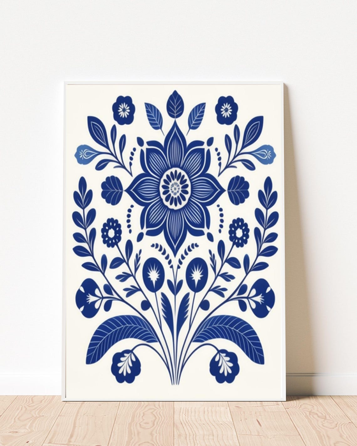 Blue Scandinavian Folk Art Flower Poster Botanical Wall Decor
