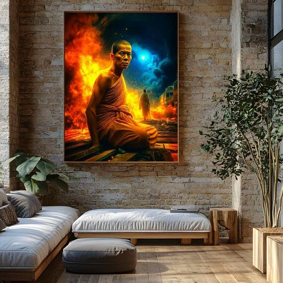 Meditating Monk Flame Aura Zen Mystical Buddhist Fire Temple Art Poster