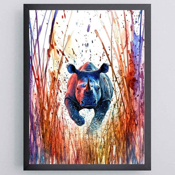 Sunset Rhino Art Expressive Watercolor Animal Print Wildlife Wall Decor Vibrant Nature Poster Instant