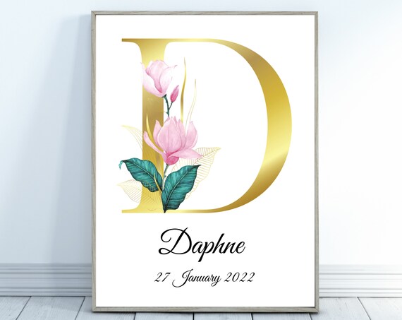 Personalised Floral Initial Birth Gift Gold Magnolia Poster Daphne