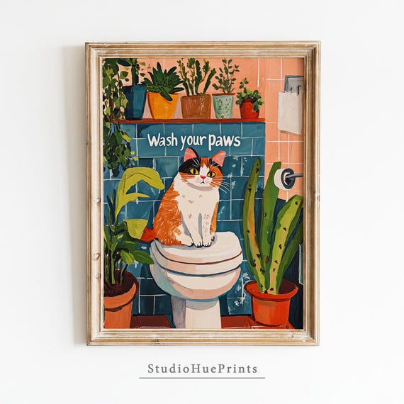 Wash Your Paws Funny Cat Bathroom Wall Art Print