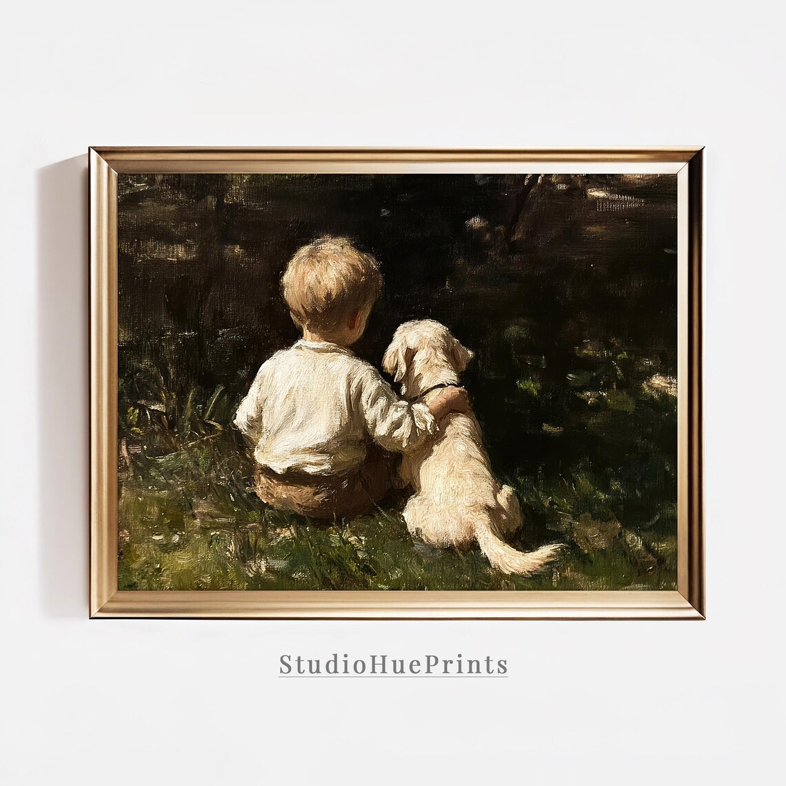 Boy And Dog Vintage Oil Painting Nursery Art Print