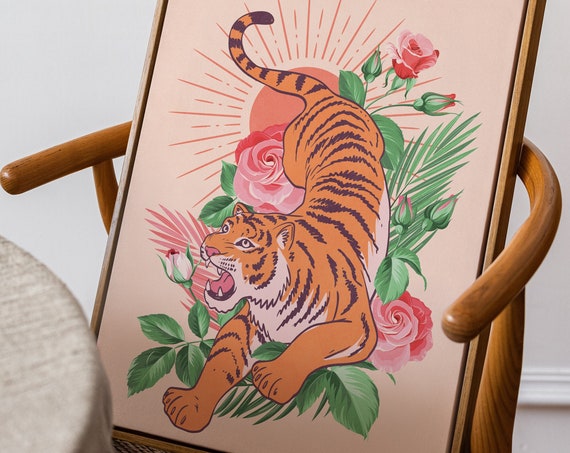 Orange Tiger Among Blooming Roses Boho Tropical Animal Wall Art