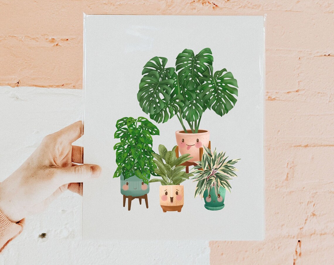 Monstera And Calathea Cute Smiling Plant Friends Group Poster
