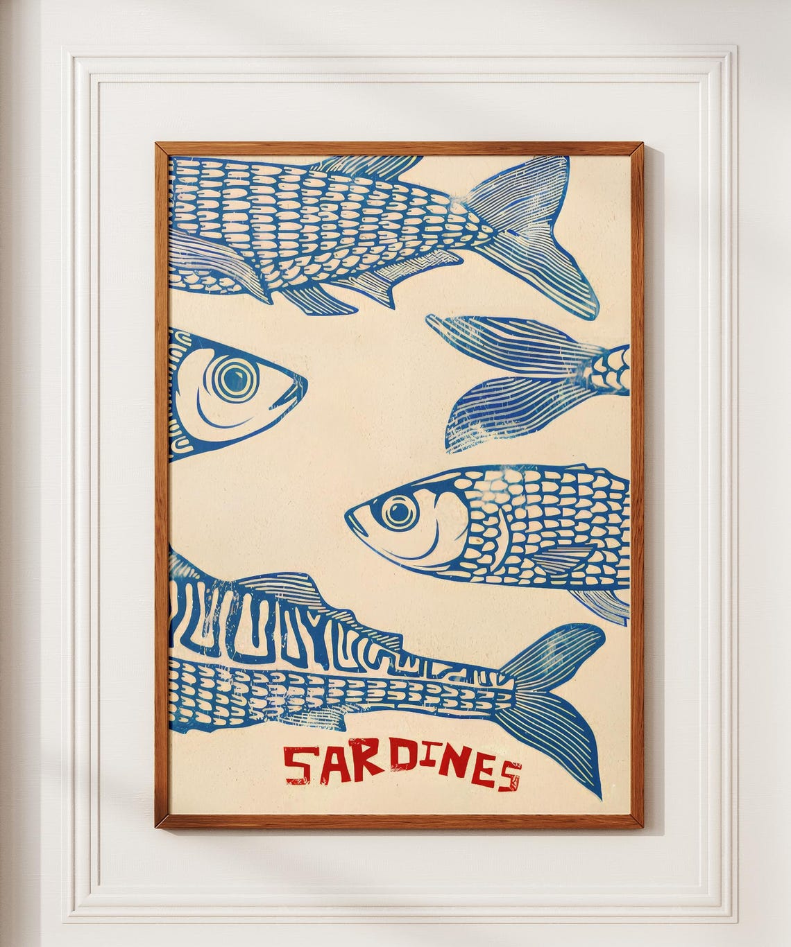 Blue Sardines Linocut Red Lettering Vintage Kitchen Wall Art