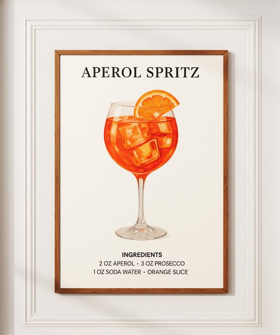 Aperol Spritz Orange Cocktail Recipe Ingredients Kitchen Bar Cart Wall Poster