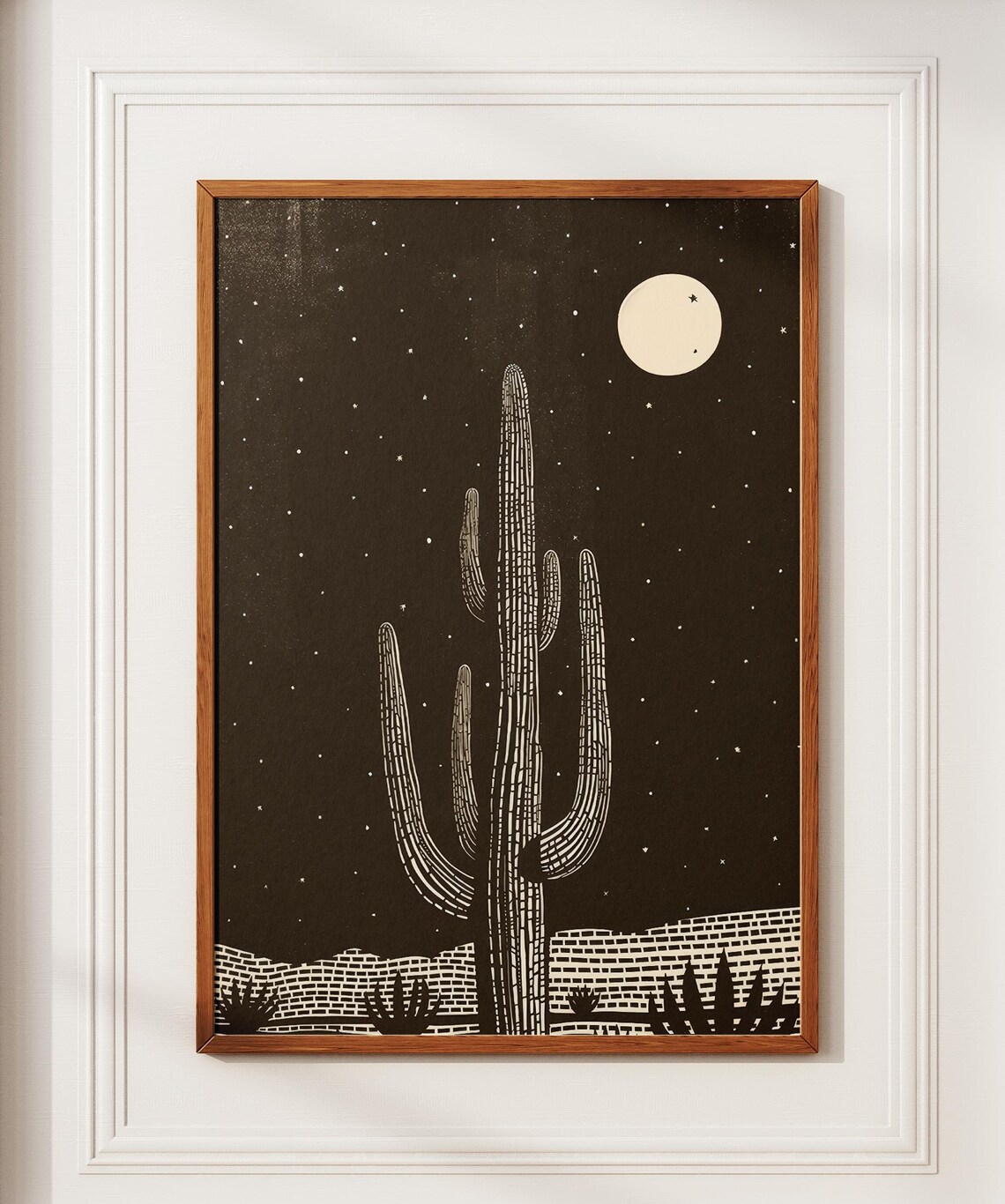 Saguaro Cactus Moonlit Night Desert Block Style Southwestern Wall Art
