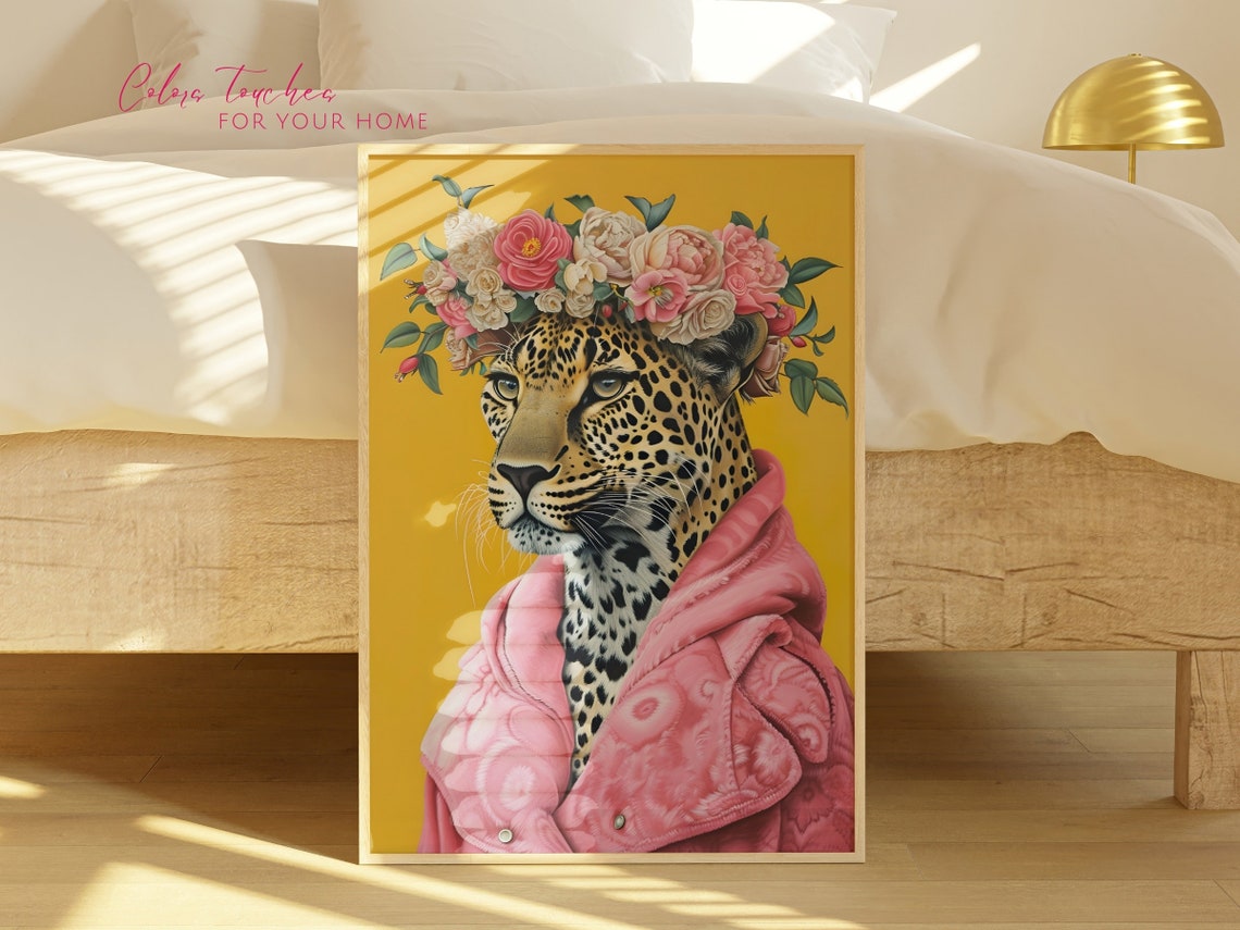 Leopard Flower Crown Pink Puffer Jacket Animal Portrait Poster - Image 2