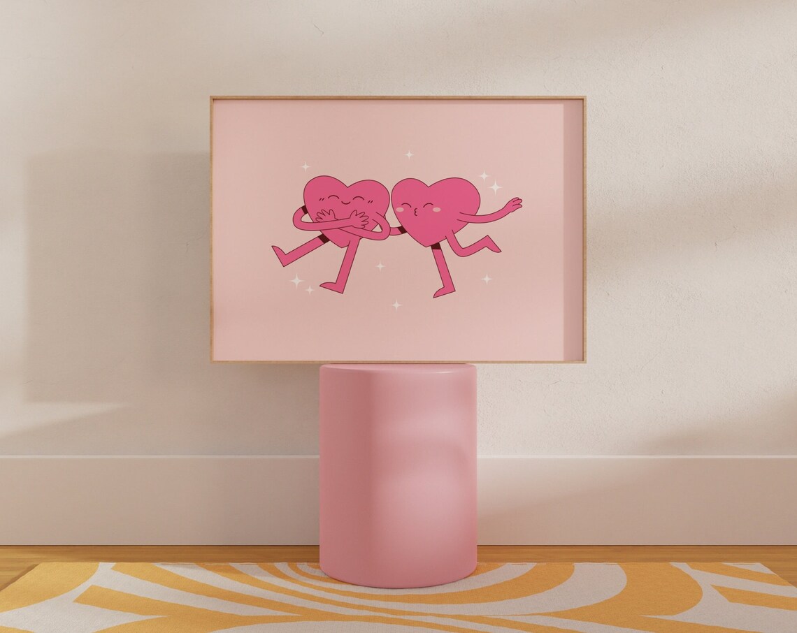 Dancing Pink Hearts Retro Cartoon Girly Cute Pink Wall Art Decor