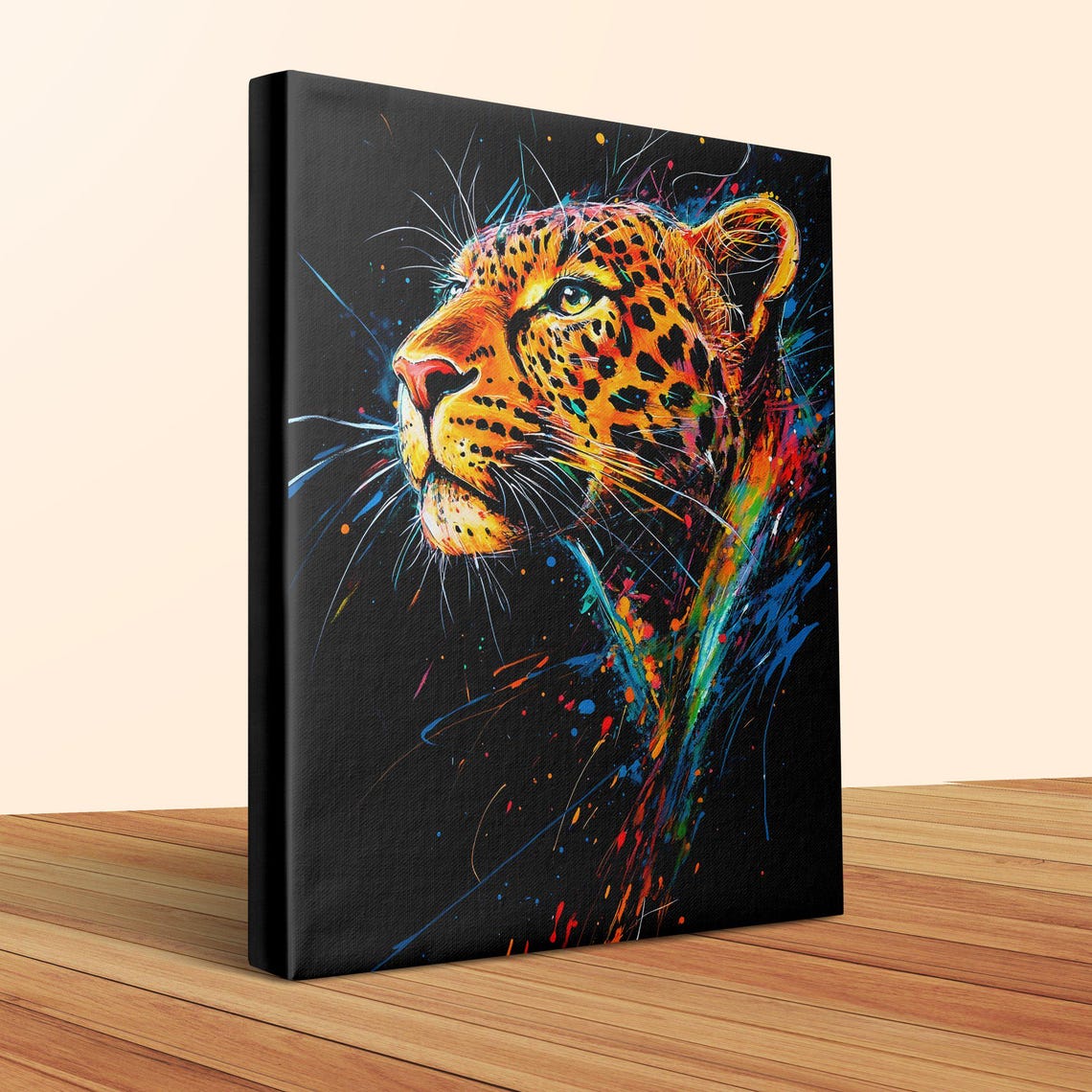 Colorful Leopard Portrait Splatter Paint Black Canvas Poster