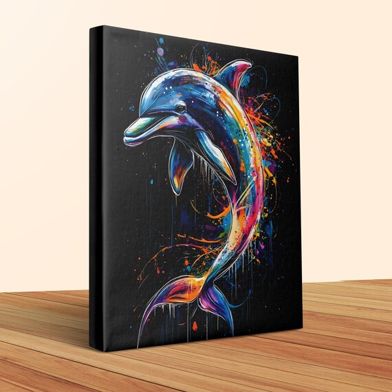 Leaping Dolphin Rainbow Splash Art Black Canvas Ocean Poster