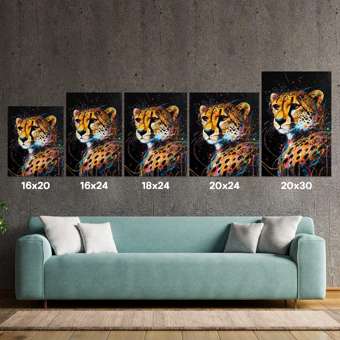 Vibrant Cheetah Front Portrait Rainbow Splash Black Canvas Poster - Image 5