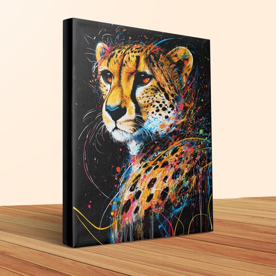 Vibrant Cheetah Front Portrait Rainbow Splash Black Canvas Poster