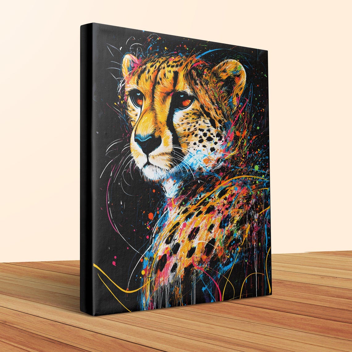 Vibrant Cheetah Front Portrait Rainbow Splash Black Canvas Poster