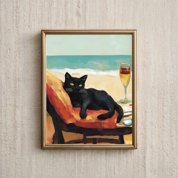 Black Cat Beach Cute Cat Portrait, Whimsical Art Print