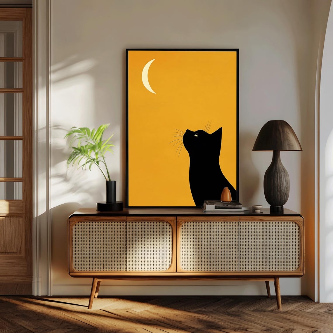 Black Cat And Moon, Whimsical Cat Portrait - Image 2