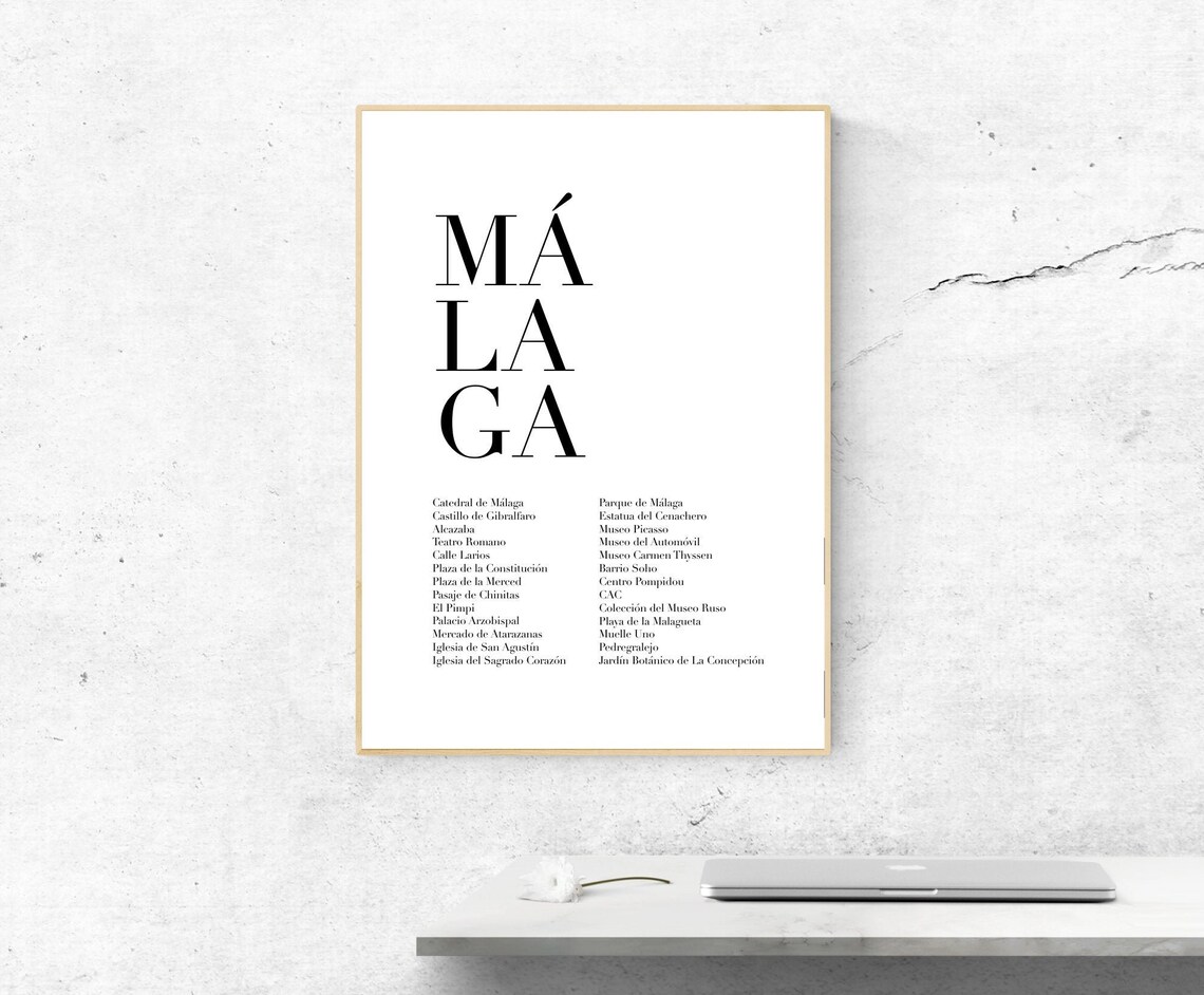 Malaga Spain Minimalist Landmarks Typography Travel City Poster