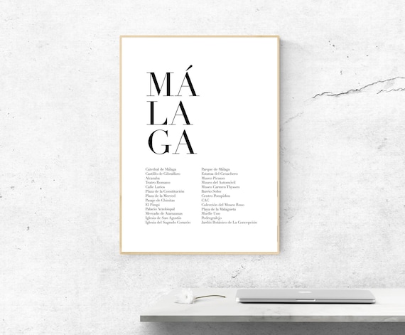 Malaga Spain Minimalist Landmarks Typography Travel City Poster