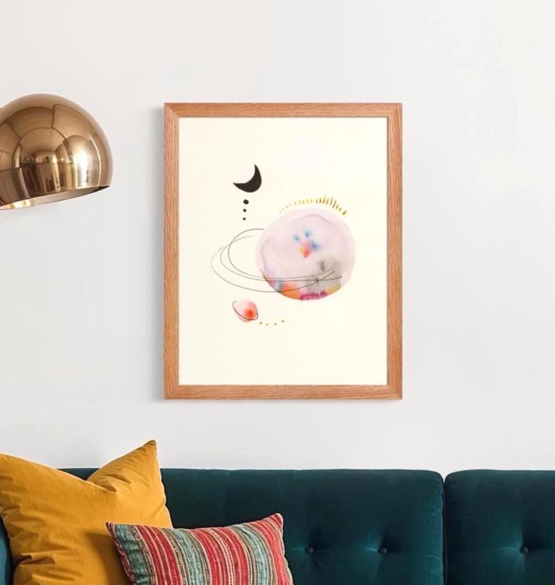 Saturn Moons Watercolor Print, Mid-Century Lunar Art