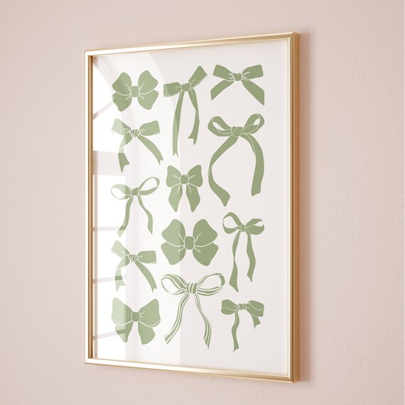 Sage Green Ribbon Bows Pattern Coquette Style Decorative Wall Art