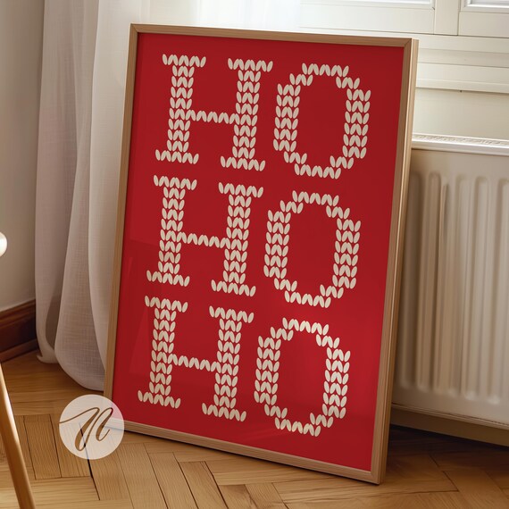Ho Ho Ho Knit Christmas Poster, Red Holiday Typography Wall Decor