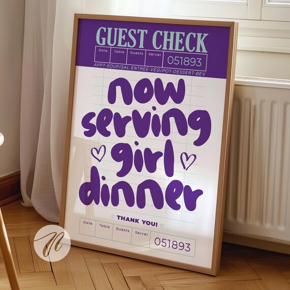 Now Serving Girl Dinner Purple Guest Check Trendy Kitchen Fun Wall Poster