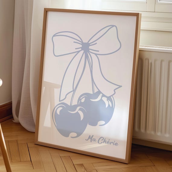 Blue Cherry Bow Print Ma Cherie Poster Preppy Room Wall Art Coastal Cowgirl College Apartment Decor Cute Girly